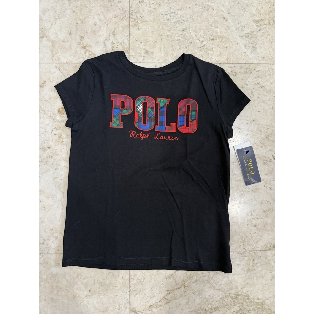 Ralph Lauren Girls Plaid POLO Embroidery Black T-shirt Size M 8–10